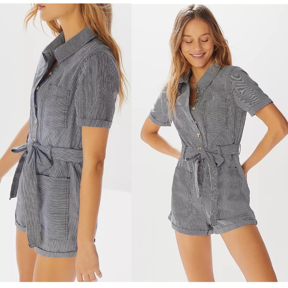 UO Carmen Striped Button-Front Playsuit